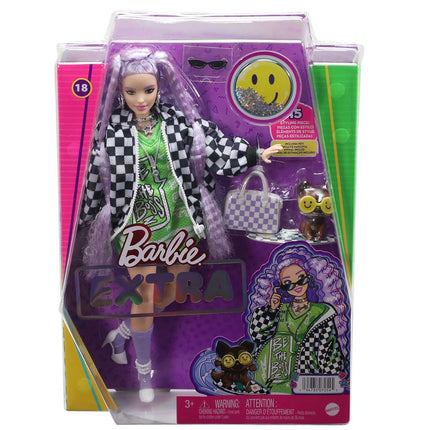 BARBIE BRAND Extra Doll #18 in Jersey Dress & Oversized Checkered Jacket, with Pet Puppy, Extra-Long Hair & Accessories, Flexible Joints, 3 Year Olds & Up