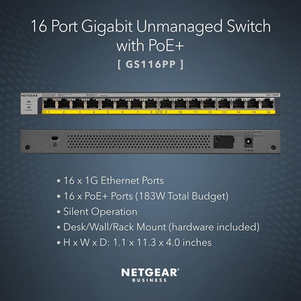NETGEAR 16-Port Gigabit Ethernet Unmanaged PoE Switch (GS116PP) - with 16 x PoE+ @ 183W, Desktop, Wall Mount or Rackmount, and Limited Lifetime Protection