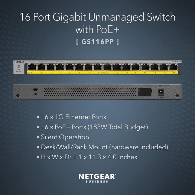 NETGEAR 16-Port Gigabit Ethernet Unmanaged PoE Switch (GS116PP) - with 16 x PoE+ @ 183W, Desktop, Wall Mount or Rackmount, and Limited Lifetime Protection