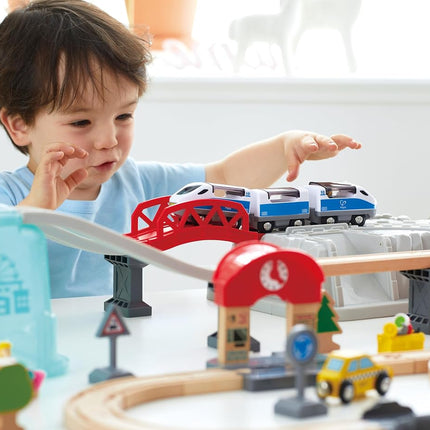 Hape City Railway and Train Bucket Set Toy with storage box that forms part of the scene, Ages 3 and up