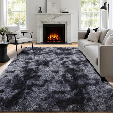 Abstract Fluffy Shaggy Rugs for Living Room Kids Room 5x8 Ft, Tie-Dyed Grey