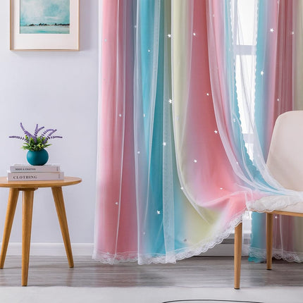 XiDi Curtains for Bedroom Decor, Rainbow Pink-Blue-52-54