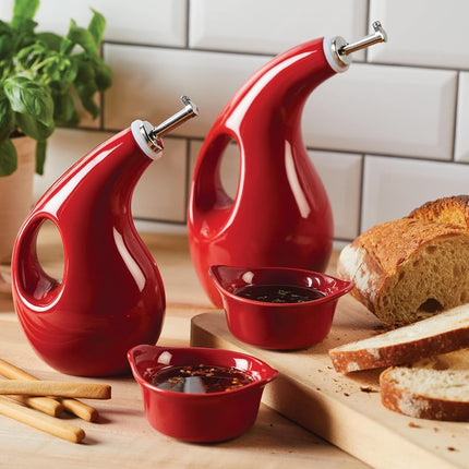 Rachael Ray Serveware Ceramics EVOO and Ramekin Dipper Set, 4 Piece, Red