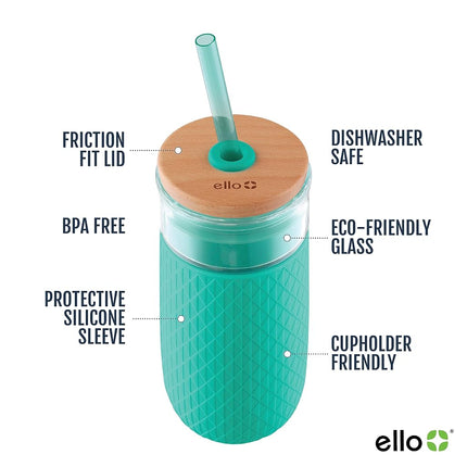 Ello Devon Glass Tumbler, Protective No Sweat Silicone Sleeve and Splash Proof Wooden Detail Lid with Straw, 18 oz