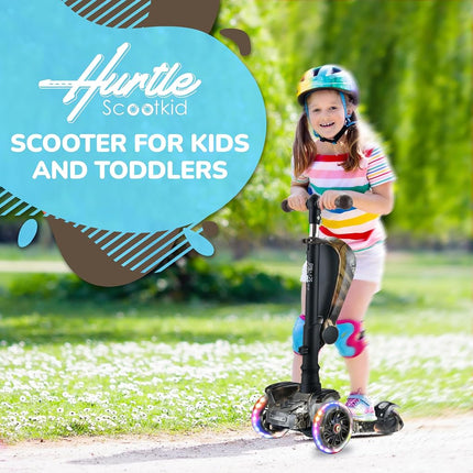 Hurtle 3 Wheeled Scooter for Kids - Tri Scooter, Stand & Cruise Child/Toddlers Toy Folding Kick Scooters w/Adjustable Height, Anti-Slip Deck, Flashing Wheel Lights, for Boys/Girls 2-12 Year Old