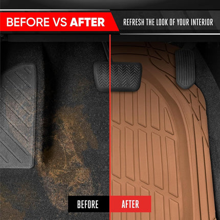 Motor Trend FlexTough Contour Liners Deep Dish 3 pc Rubber Floor Mats & Trimmable Trunk Liner Cargo Mat - Heavy Duty All Weather Protection Car Mats with Traction Grips Car Accessories (Beige)