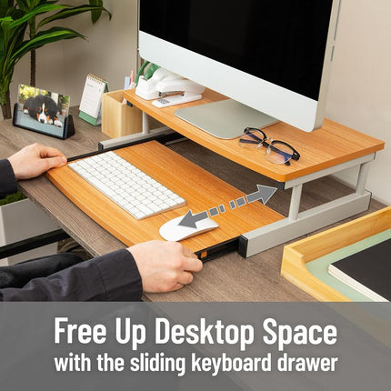 Mind Reader Monitor Stand, Sliding Keyboard Drawer, Laptop, Riser, Office, Wood/Metal, 20" L x 14.75" W x 5.9" H, Brown, Silver