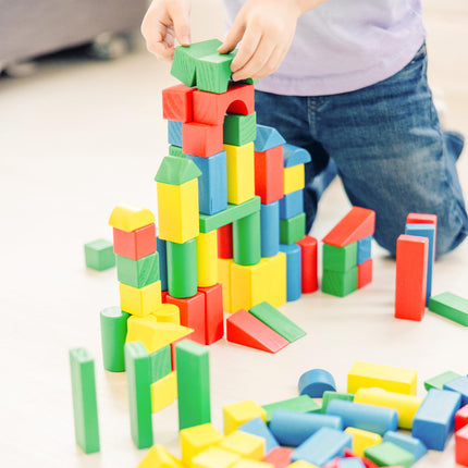 Juego de bloques de construcción de madera Melissa & Doug - 200 bloques en 4 colores y 9 formas (embalaje de comercio electrónico)
