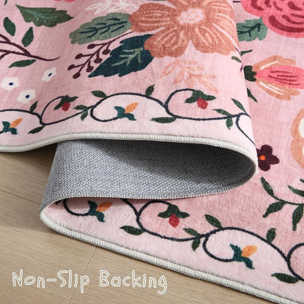 Rugcomf Living Room Rug, 60 x 84 Inch, Machine Washable, Boho Floral Vintage Style, Non-Slip, Low Pile, Large Area Rug for Living Room, Bedroom, Dining, Children's Playroom, Farmhouse (Pink)