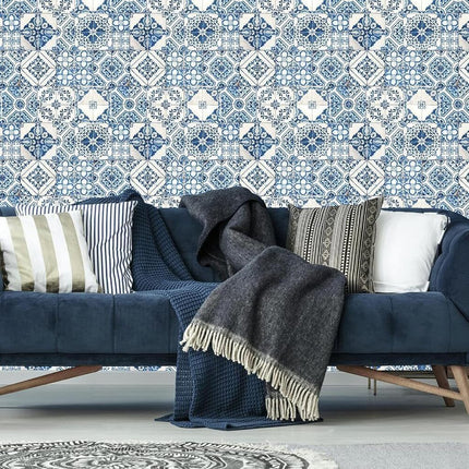 RoomMates RMK11083WP Blue Mediterranian Tile Peel and Stick Wallpaper