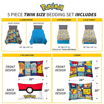 Juego de edredón y sábanas supersuaves Franco Kids con funda, 5 piezas tamaño individual, Pokémon