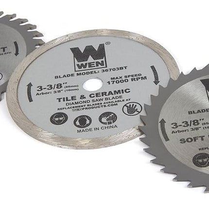 Wen 36704 Sierra circular compacta de inmersión de 3-3/8 pulgadas y 4.2 amperios con láser, estuche de transporte y tres cuchillas