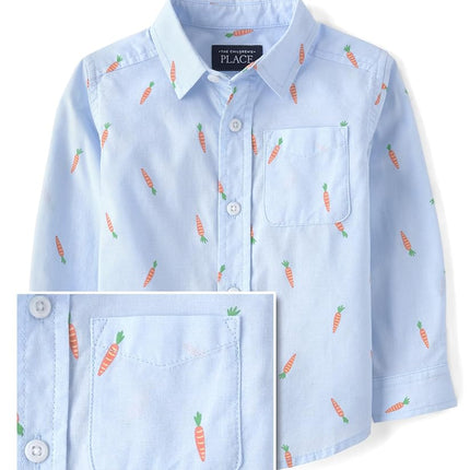 Camisa de manga larga con botones de popelina para bebés y niños pequeños de The Children's Place, estampado de zanahorias azules, 18-24 meses