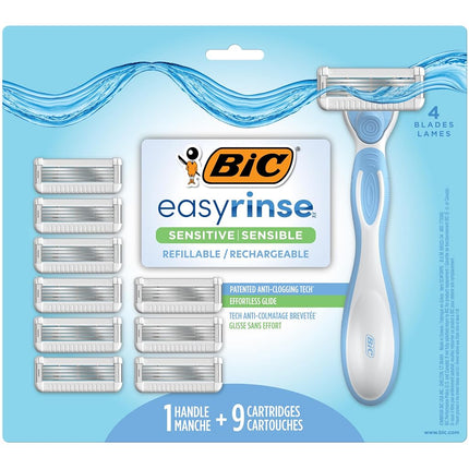 BIC EasyRinse Sensitive Antiatascos, Maquinillas de Afeitar Recargables para Mujer con 4 Cuchillas, 1 Mango y 9 Cartuchos de Recambio, Kit de Maquinilla