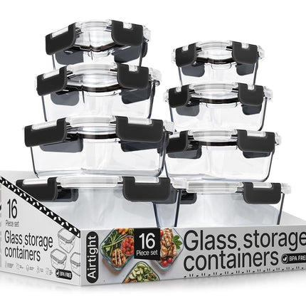 Récipients de conservation alimentaire en verre borosilicate noir avec couvercles 16 pièces, de qualité alimentaire, sans BPA, empilables, pour le déjeuner et les restes, compatibles micro-ondes, congélateur et lave-vaisselle, hermétiques et anti-fuite