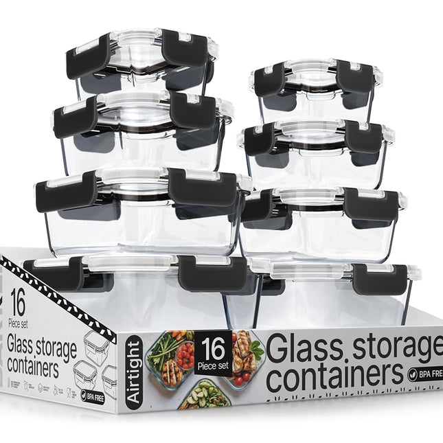Black Borosilicate Glass Food Storage Containers with Lids 16 Pieces, Food-grade, BPA-Free Stackable Glass Lunch & Leftover Containers, Microwave, Freezer & Dishwasher Safe, Airtight Leak-Proof