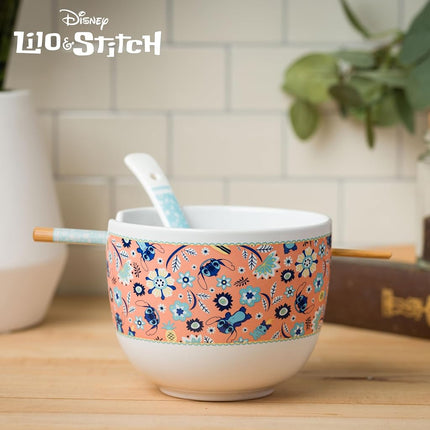 Silver Buffalo Lilo and Stitch Leaf, Ramen Bowl with Chopsticks, 20oz