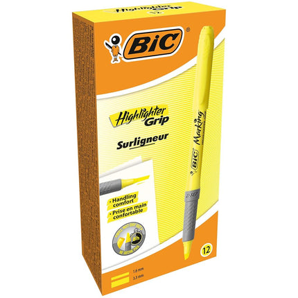 BIC Highlighter Grip Pens - Yellow, Box of 12