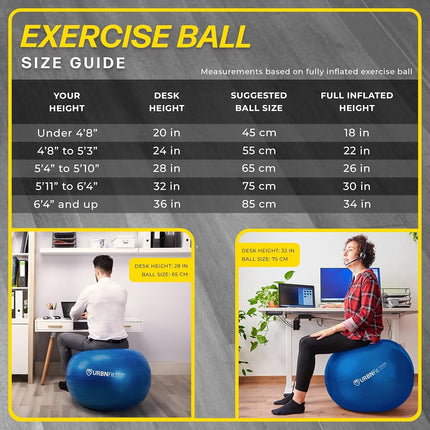 URBNFit Exercise Ball - Balance Balls (Ballon Exercice) Yoga, Pilates, Fitness, Stability, Workout, Home Fitness Equipment - Anti-Burst Swiss Ball Chair w/ Pump (85CM White)