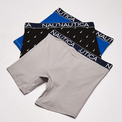 Nautica Men's 3-Pack Classic Cotton Stretch Boxer Briefs, Sea Cobalt/Alloy/Sail Printblack White, M (Pack of 3)