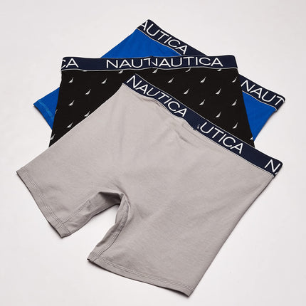 Nautica Men's 3-Pack Classic Cotton Stretch Boxer Briefs, Sea Cobalt/Alloy/Sail Printblack White, M (Pack of 3)