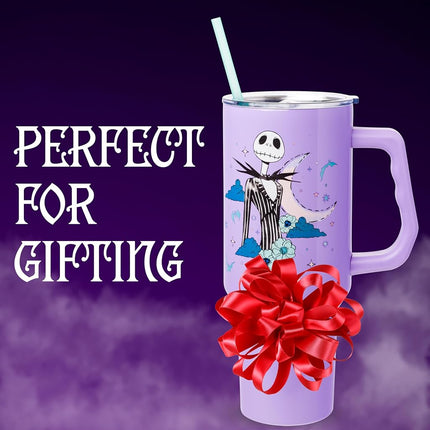 Silver Buffalo Disney Nightmare Before Christmas by Tim Burton Jack Skellington Stainless Steel Tumbler with Handle and Straw, Fits in Standard Cup Holder, 40 Ounces