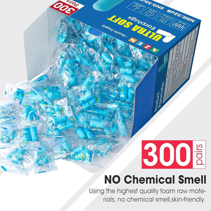 AZEN 300 Pairs Ear Plugs, NRR 32dB Soft Foam Ear Plugs for Sleeping Noise Cancelling, Earplugs for Concerts Shooting Swimming Noise Reduction,Individually Wrapped (Lake Blue)
