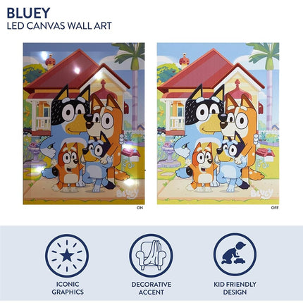 Idea Nuova Bluey LED Wall Art for Kids,11.5 x 15.75 Inch Light-Up Canvas Décor with Hanging Hooks, Battery Operated Night Light for Toddlers & Children’s Bedrooms or Playrooms