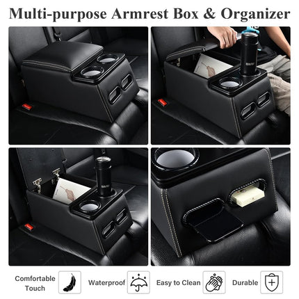 Coverado Car Center Console, Consolas universales para asientos traseros, Organizador y almacenamiento de asientos de camión, Organizador de coche para asientos traseros con portavasos, Caja de reposabrazos central (Regular, Negro)