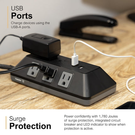 GE UltraPro Protector de Sobretensión de 8 Tomas con Puertos USB, 2 Puertos USB-A, 2.4A, Cable Trenzado de 3 pies, Protector de Sobretensión, 1780 Julios, Negro, 73776