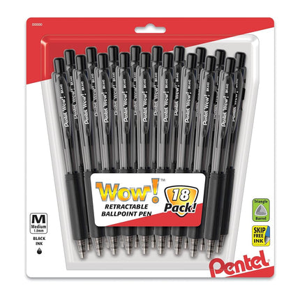 Pentel WOW! Retractable Ballpoint Pens, Medium Line, Black Ink, 18-Pack (BK440BP18A)