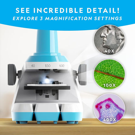 NATIONAL GEOGRAPHIC Microscope for Kids - STEM Kit with an Easy-to-Use Kids Microscope, Up to 400x Zoom, Blank and Prepared Slides, Rock and Mineral Specimens, 37 Piece Set, Great Science Project Set