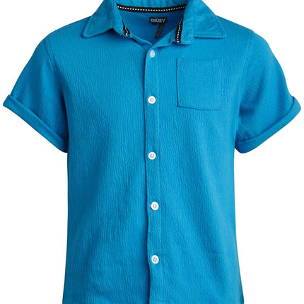 DKNY Conjuntos de pantalón corto para niños - Conjunto de 3 piezas con camisa abotonada de manga corta, camisetas de cuello redondo para niños y pantalones cortos de sarga para niños pequeños, Azul Nublado, 4
