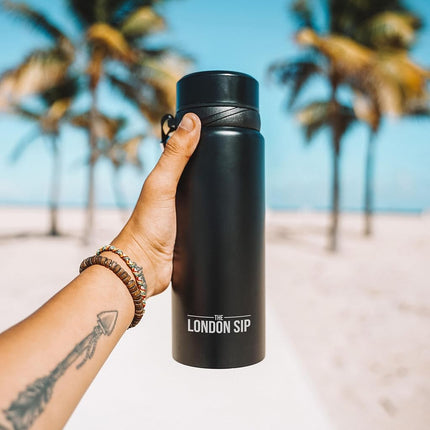 25 oz Multi-Function Travel Mug and Tumbler | Tea Infuser Water Bottle | Fruit Infused Flask | Hot & Cold Double Wall Stainless Steel Coffee Thermos | by Here & Now Supply Co. Zen Black