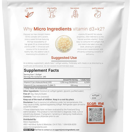 MICROINGREDIENTS Vitamin D3 50,000 IU Plus K2 (MK-7) 200 mcg, 240 Virgin Coconut Oil Softgels | 2 in 1 Vitamins D & K Complex Supports Calcium Absorption, Bone, Immune, Heart Health Easy to Swallow