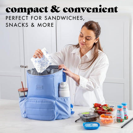 Sacs à sandwich réutilisables Fit & Fresh (Lot de 3) – Sacs de conservation alimentaire réutilisables, étanches, sans BPA, compatibles congélateur, écologiques pour snacks, déjeuner, préparation de repas, Toile florale bleue