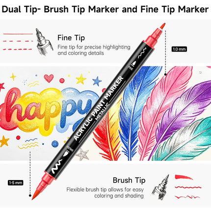 Shuttle Art Dual Tip Metallic Acrylic Paint Pens, 28 Colours Fine & Brush Paint Marker Pens, Paint Pens for Rock Painting, Ceramic, Wood, Fabric, Art Marker Pen Set for Kids Adults on Christmas Easter