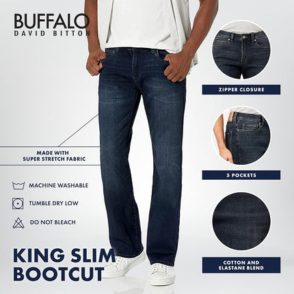 Buffalo David Bitton Men's Slim Boot King Denim Jeans, Whiskered and Sanded Indigo, 38W x 32L