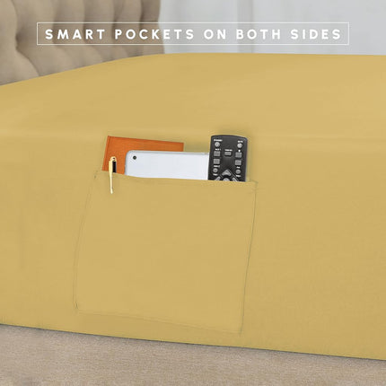 Élégant Confort Soie Douce Parure de Lit Complète à Rayures Dobby 8 Pièces, comprend un ensemble de draps intelligents 4 pièces, un cache-sommier, une couette, des taies d'oreiller et des housses de coussin assorties - Lit Simple/Simple XL, Doré