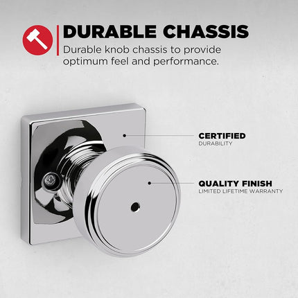 Kwikset Maven Interior Privacy Door Knob with Lock, Square Door Handle for Bathroom and Bedroom, Polished Chrome Keyless Turn Lock Doorknob, with Microban Protection