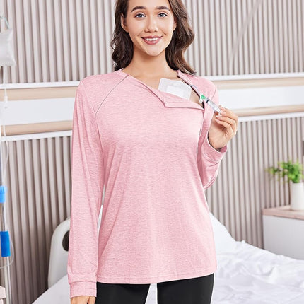 Deyeek Chemo Port Shirts for Women Dialysis Sweatshirts with Arm Zipper Tear Away Long Sleeve Post Shoulder Surgery Shirt, Pink, M