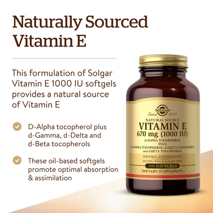 Solgar Vitamina E de Fuente Natural 671mg - Apoya el Sistema Inmunológico - Protege las Células del Estrés Oxidativo - 100 Cápsulas Blandas