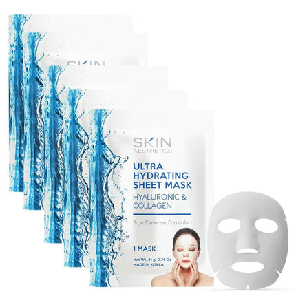 Mascarilla facial de láminas con ácido hialurónico y colágeno Skin Aesthetics - Reafirmante, Antiedad, Hidratante y Rellenadora - Cuidado de la piel coreano probado por dermatólogos - Cosmética limpia, Sin crueldad animal - 5 mascarillas