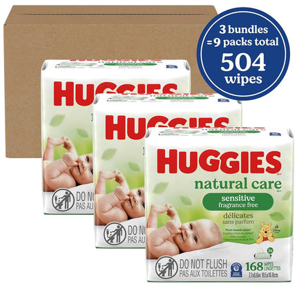 HUGGIES Natural Care Unscented Baby Wipes, Sensitive, Water-Based, 3 Packs, 9 Total Flip Top Packs, 504 Total Wipes