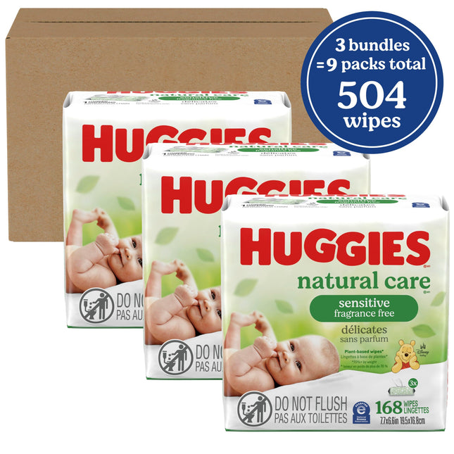 HUGGIES Natural Care Lingettes Bébé Non Parfumé, Sensible, à Base d'Eau, 3 Paquets, 9 Paquets avec Couvercle Refermable, 504 Lingettes au Total