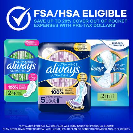 Always Ultra Thin Pads with Wings, Size 2, Long Super, 58 Count