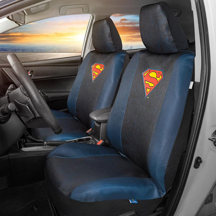 BDK Superman Car Seat Covers for Front Seats with Matching Seat Belt Pads – Officially Licensed Warner Brothers Superhero Auto Accessories Bundle, Made for Car Truck Van and SUV
