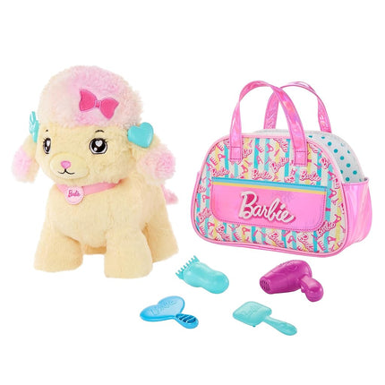 Mattel Barbie Stuffed Animals, Hairdresser Poodle with Themed Purse Playset and 6 Accessories, Plush with Lights and Sounds, Salon Pet Adventure, HPJ43