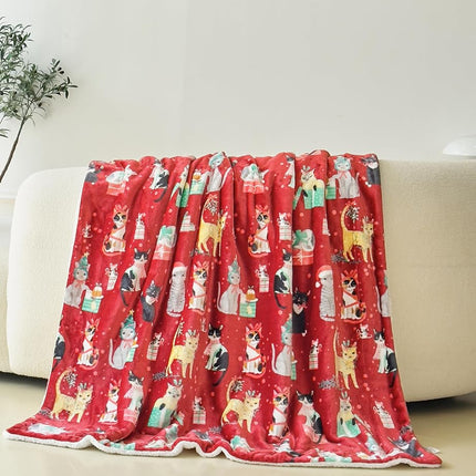 Plaid Sherpa réversible et ultra-doux en flanelle polaire Elegant Comfort – Hiver Noël – Léger, doux et confortable – Couverture décorative de Noël, parfaite pour se prélasser, 127 x 152 cm, Chats de Noël