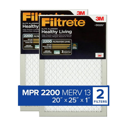 Filtrete 20x25x1 MPR 2200 Pleated AC Furnace Air Filter, Healthy Living Elite Allergen Reduction, 2-Pack